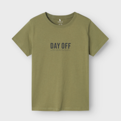 name it boys green tee with Day Off wording 