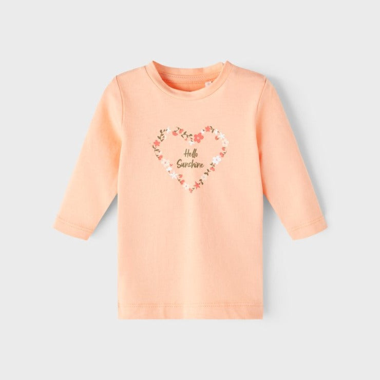 orange baby top with long sleeves and 'hello sunshine' design