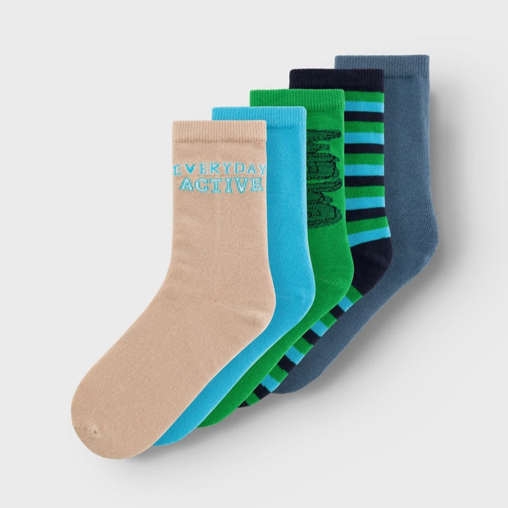 assorted pack of 5 socks in blue and green colours