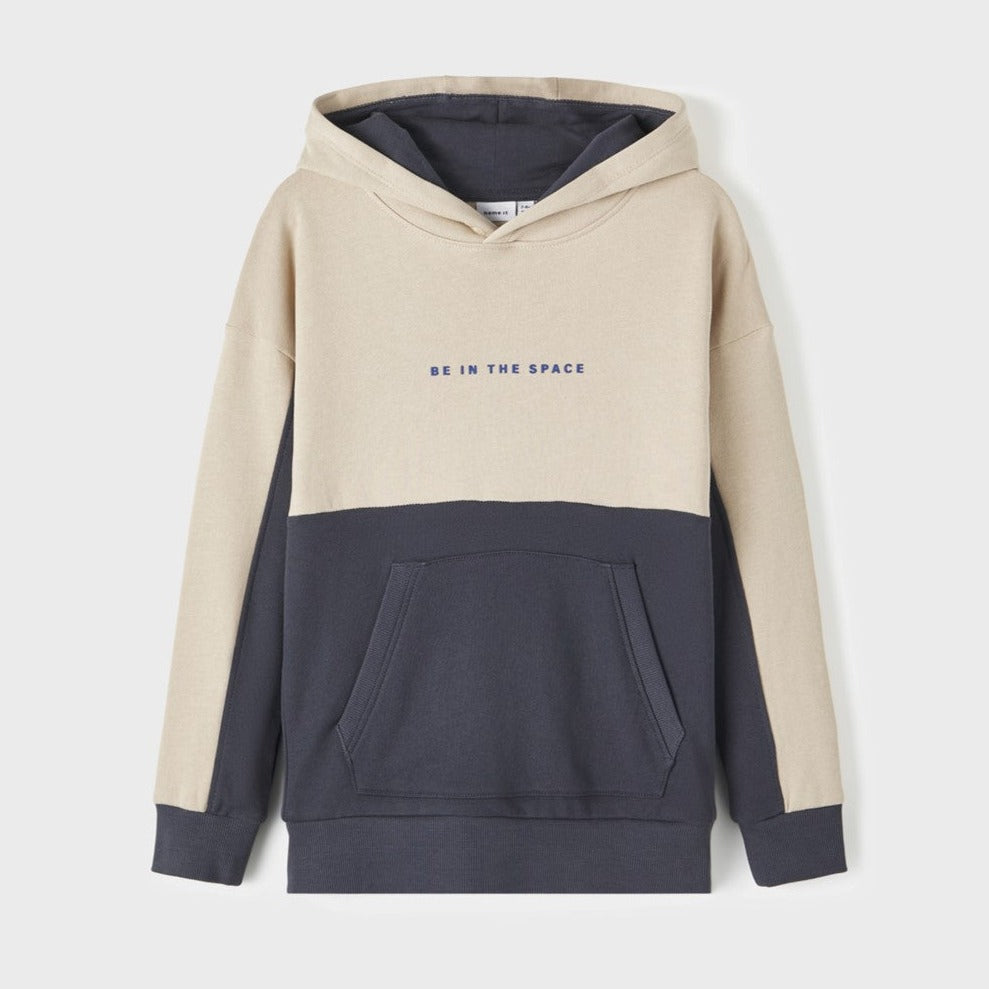 blue and beige block colour hoodie 