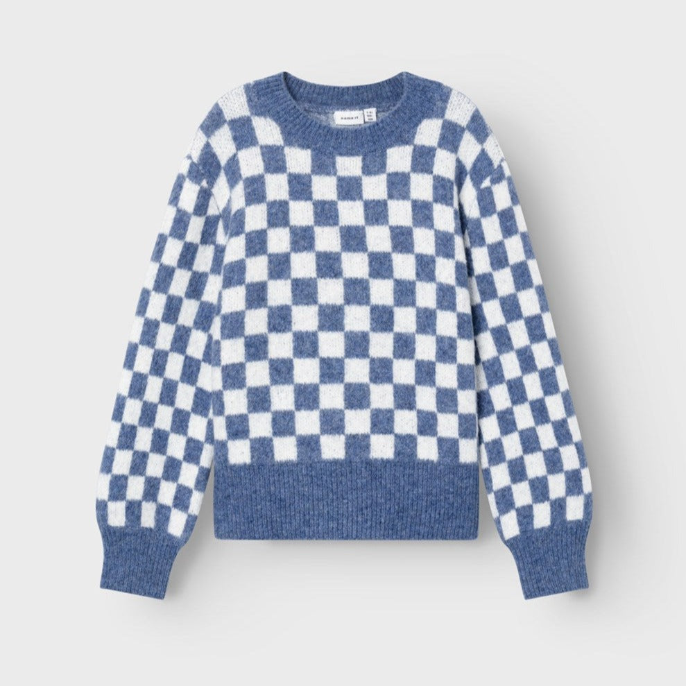 girls jumper with blue and white checks