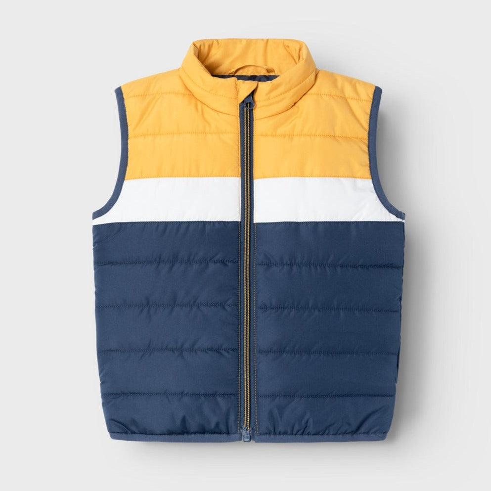 boys body warmer with yellow, white and navy block colours