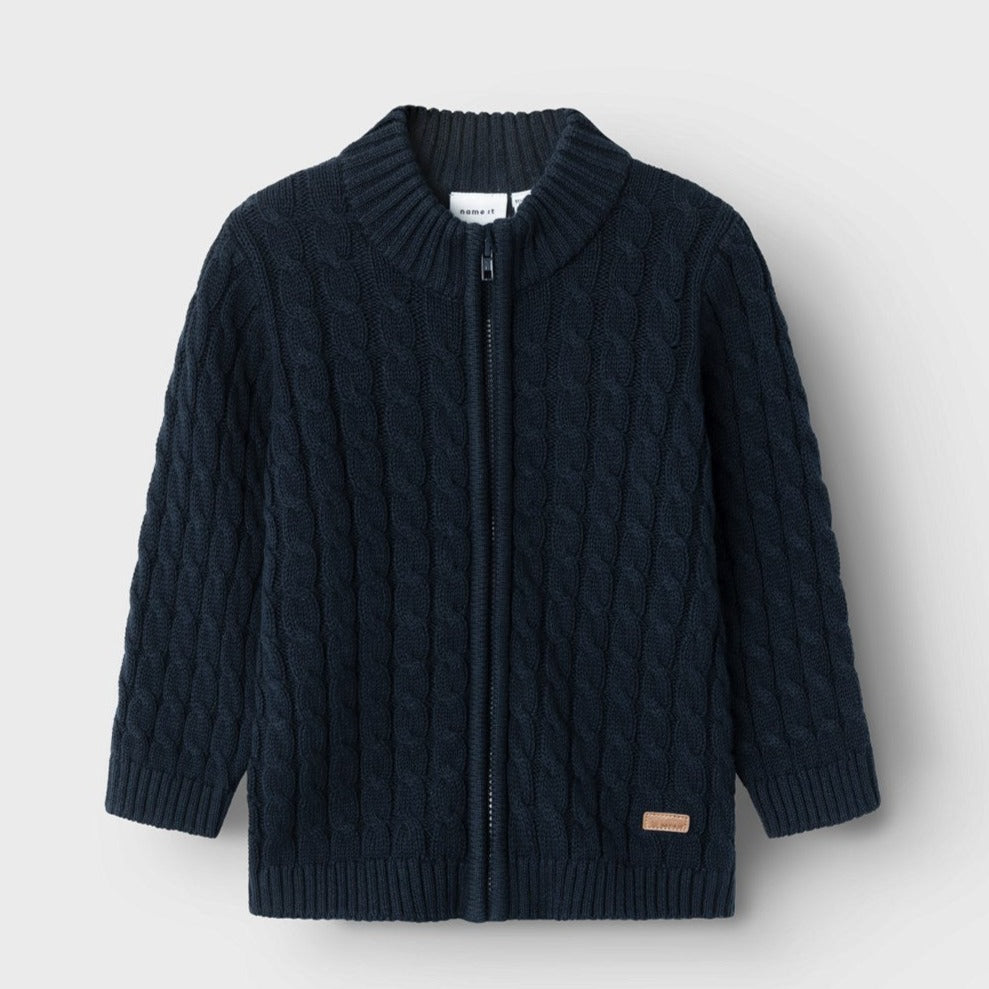 boys navy knit cardigan with cable pattern and zip opening