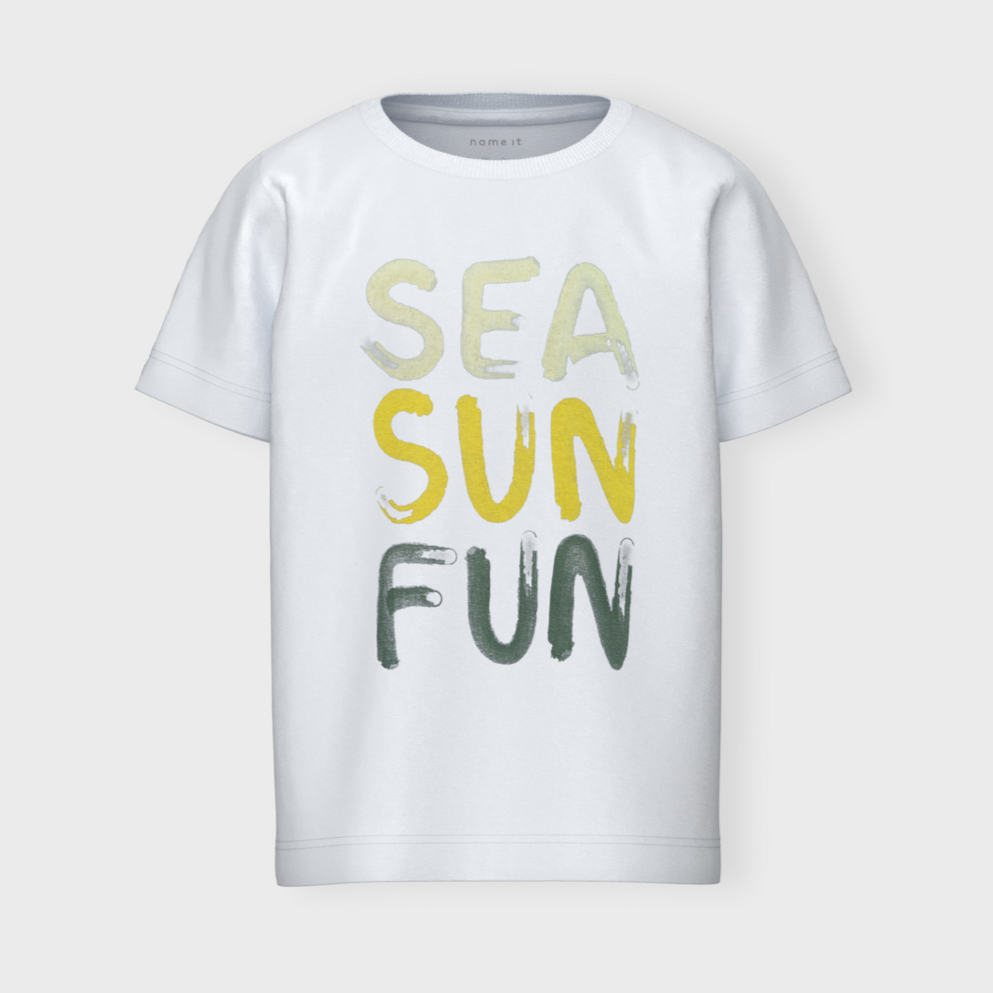white boys summer tshirt with the words sea sun fun on the front