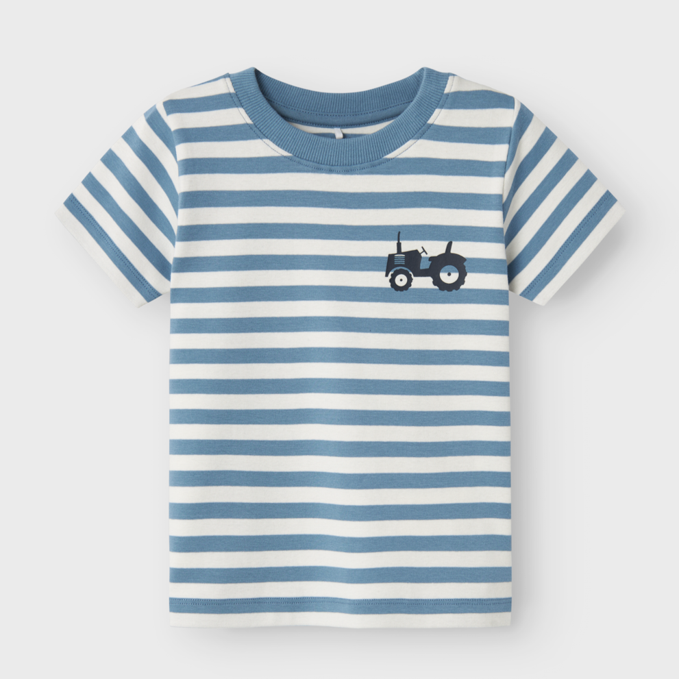 boys blue striped tee with tractor motif