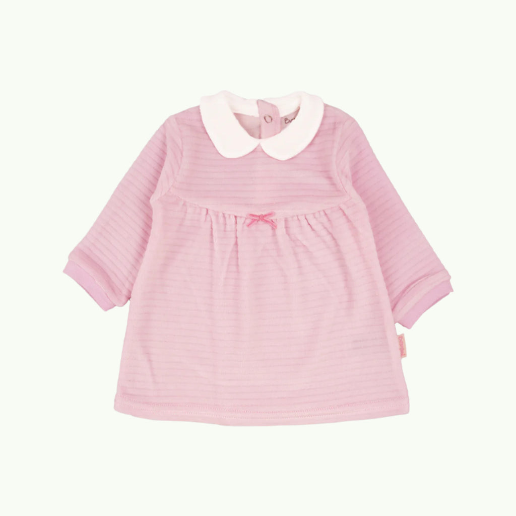 Pink baby dress with white collar on a white background