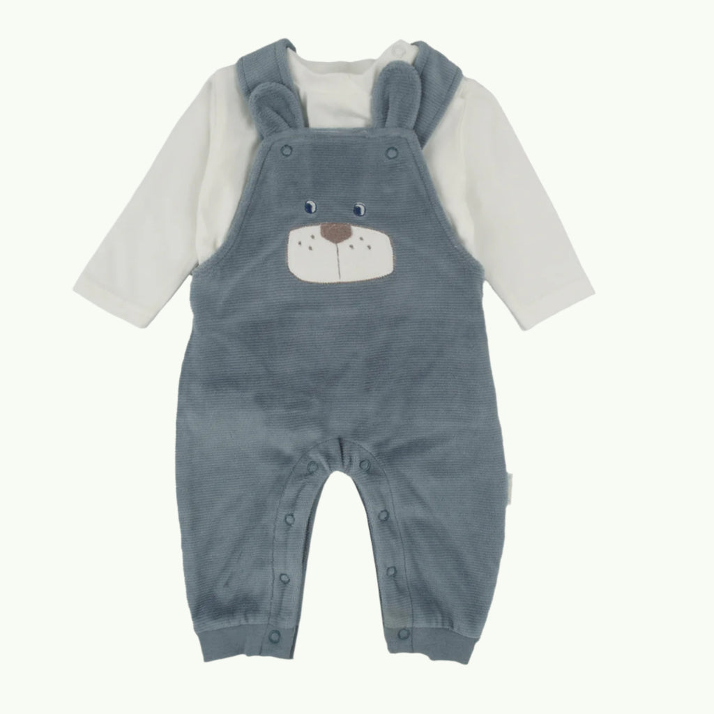 Blue baby romper with bear face design on a white background