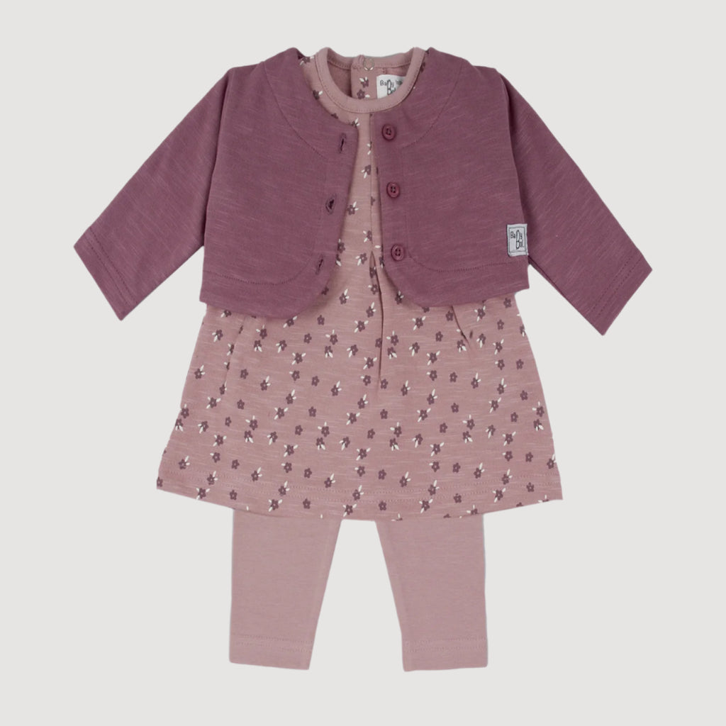 Baby outfit set with jacket, dress, and leggings on a white background