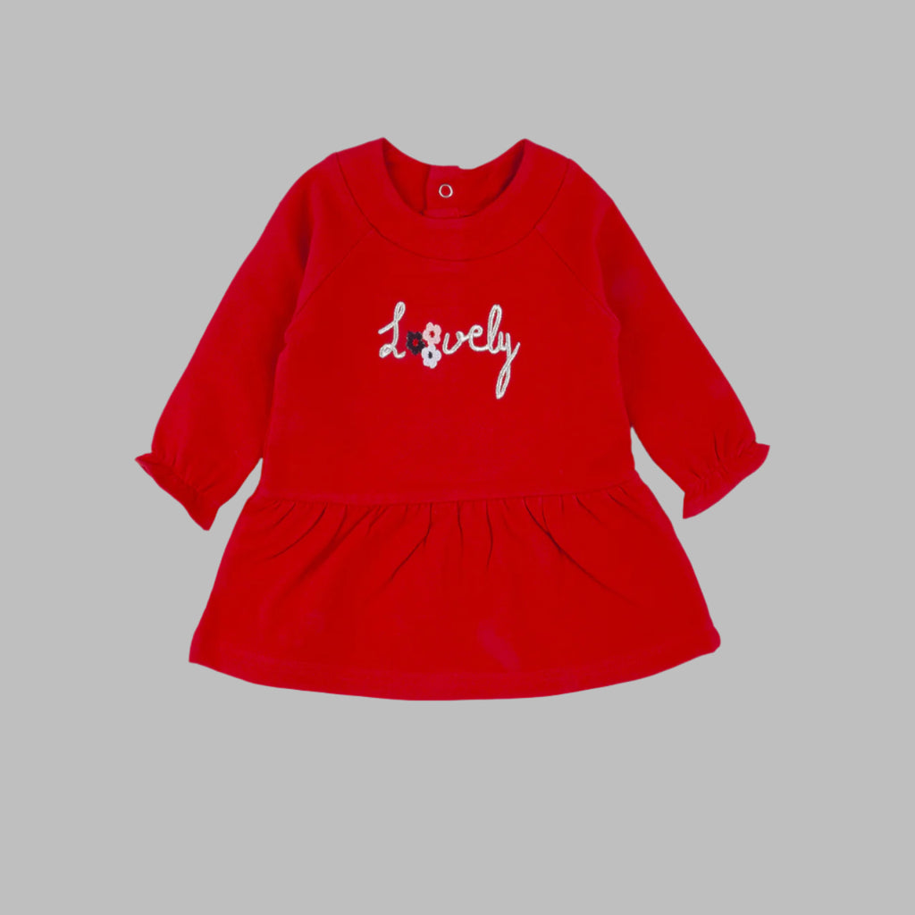 Red dress with 'Lovely' text on a white background