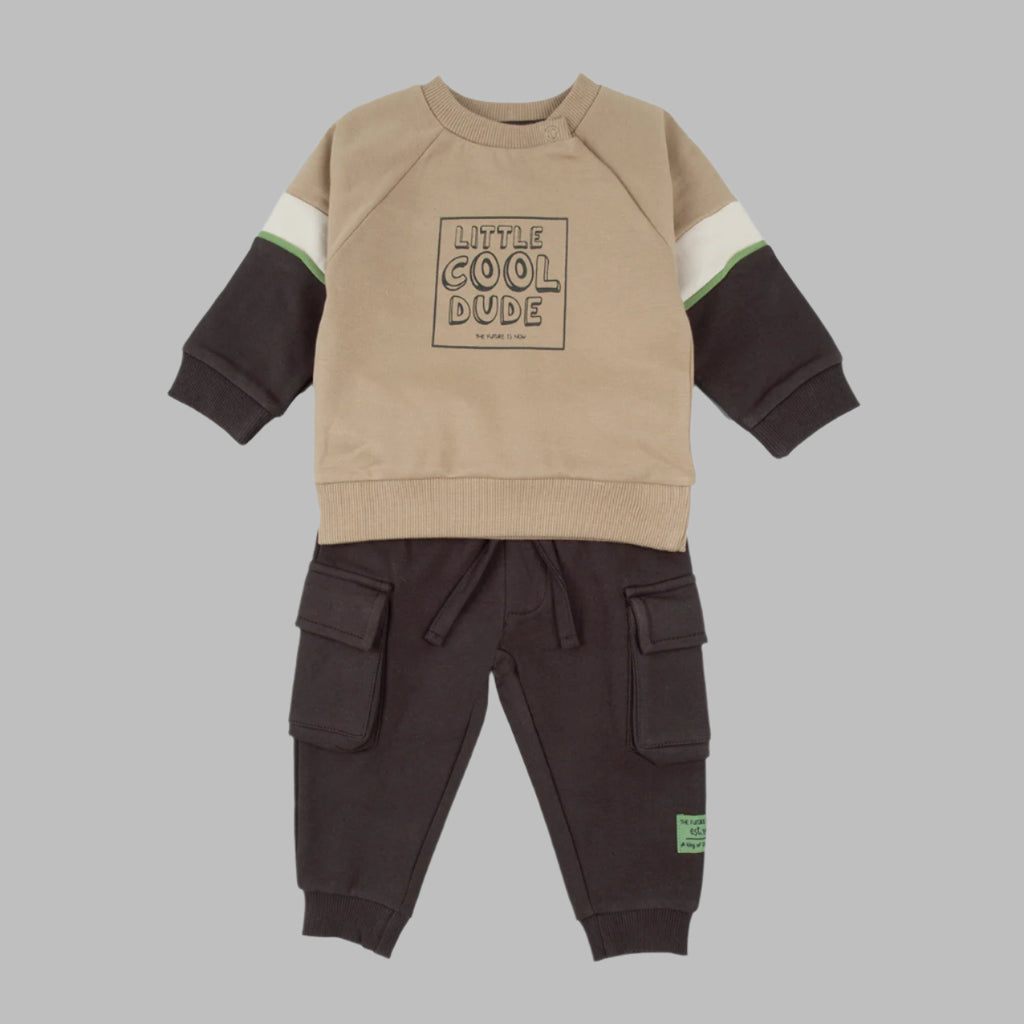 Children's outfit with beige and brown sweatshirt and pants on a white background