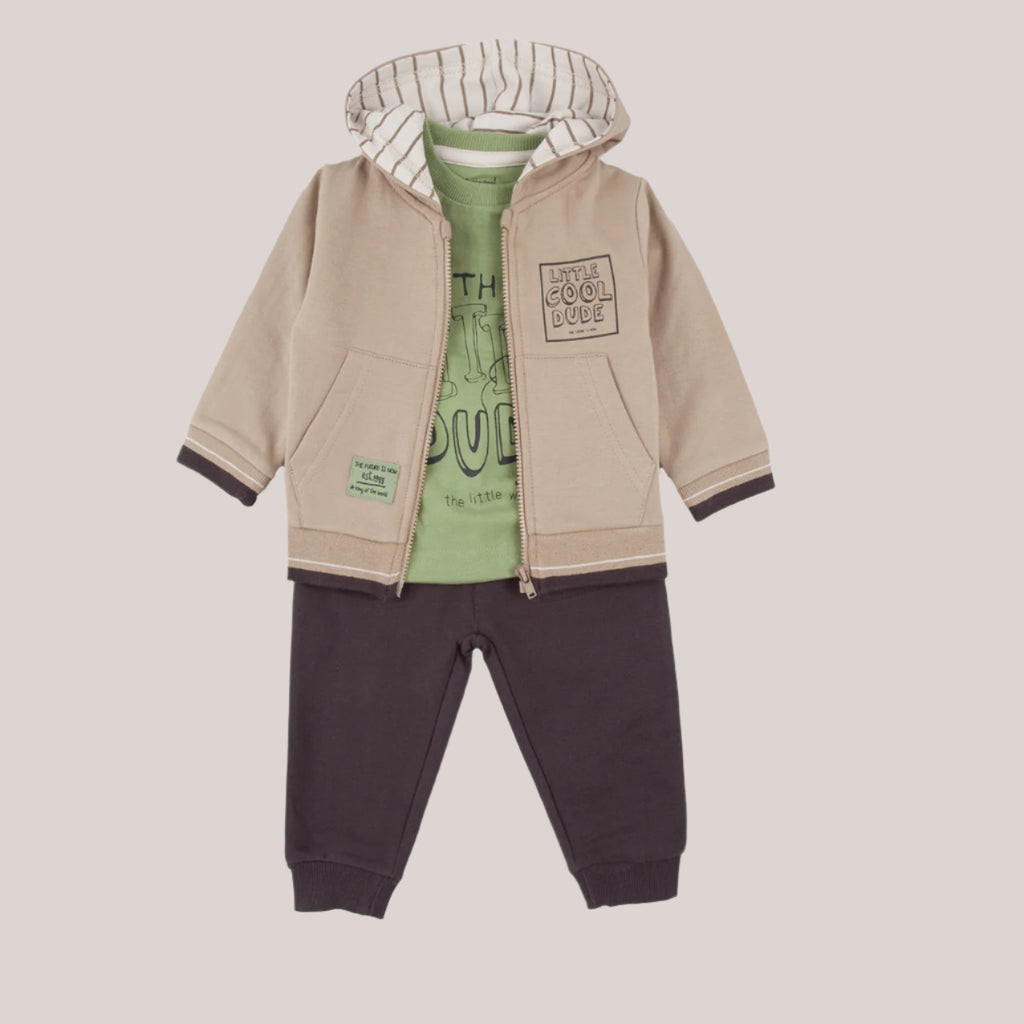 Children's outfit with beige jacket, green shirt, and dark pants on a white background