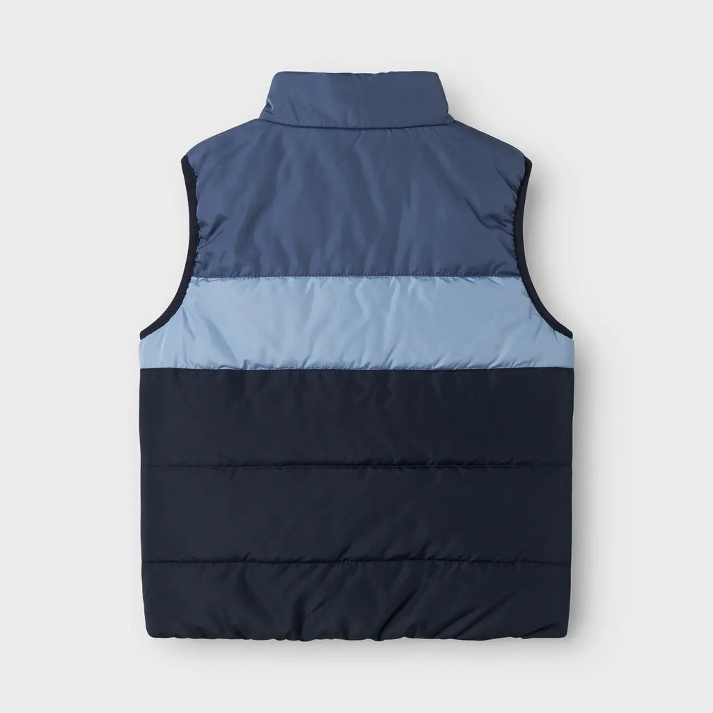 Two-tone puffer bodywarmer with navy and light blue colours on a white background