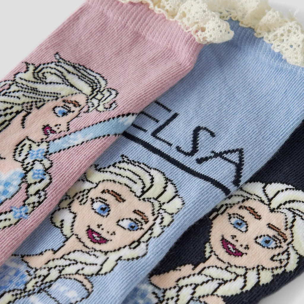 Three pairs of socks featuring cartoon characters with 'Elsa' branding on a white background.