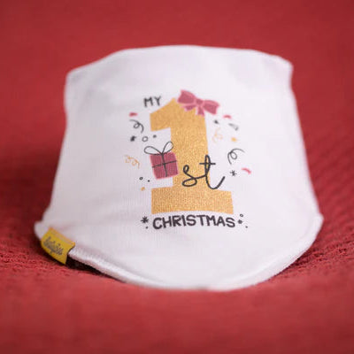White bib with 'My 1st Christmas' text on a red background