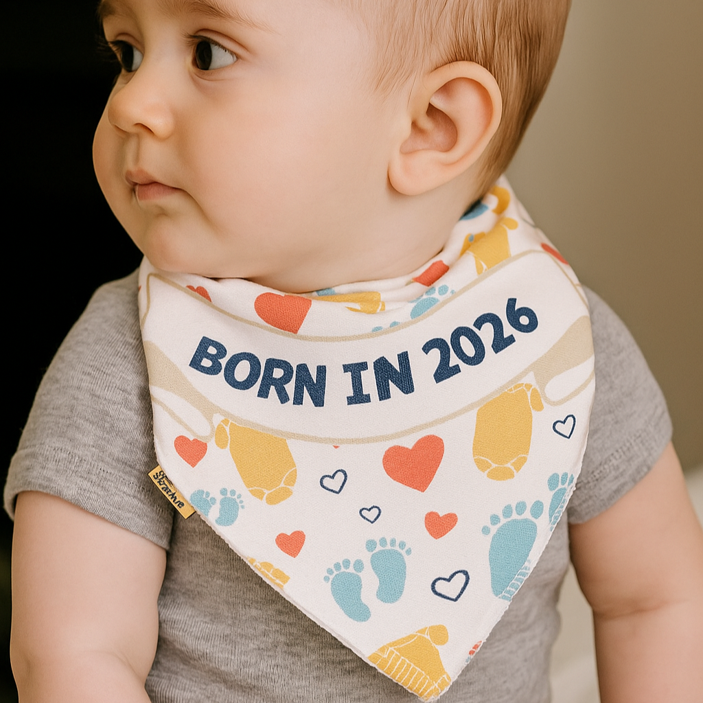 Baby wearing a bib with 'Born in 2026' text and colourful patterns.