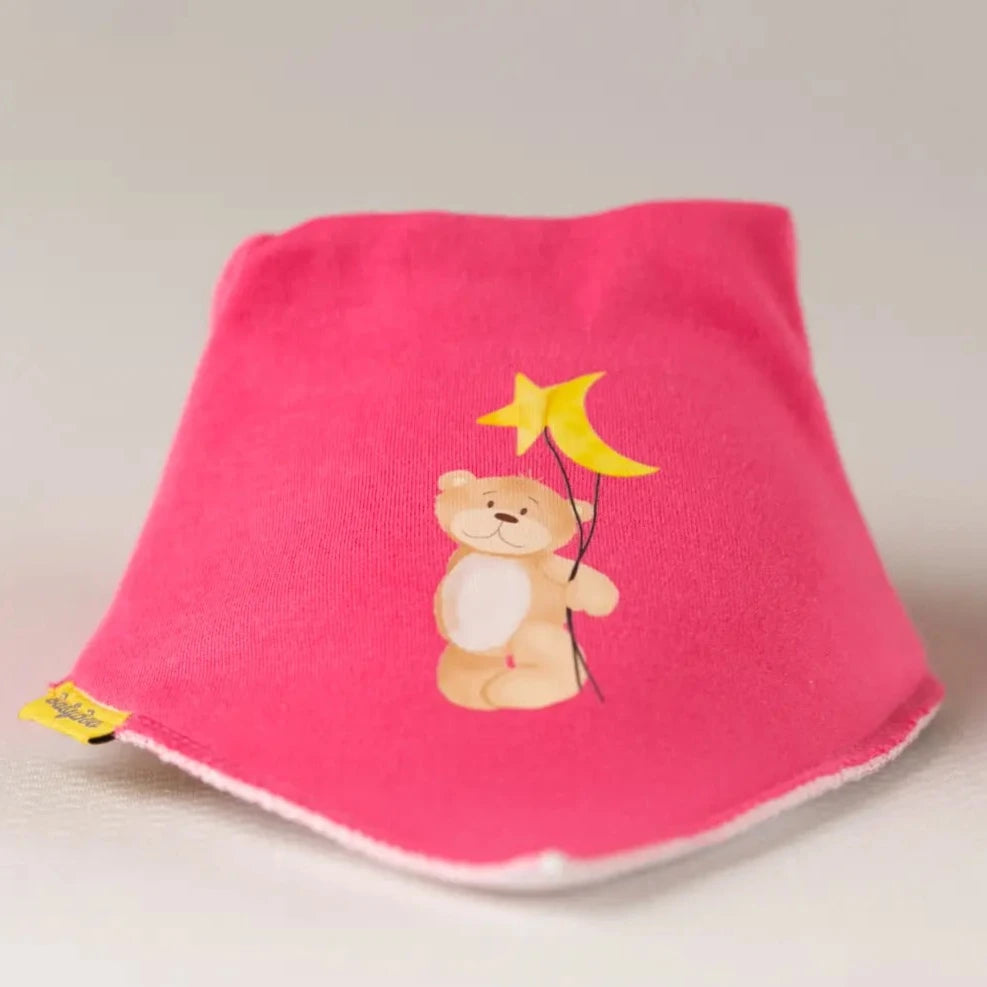 pink bandana bib with bear holding a star shaped balloon
