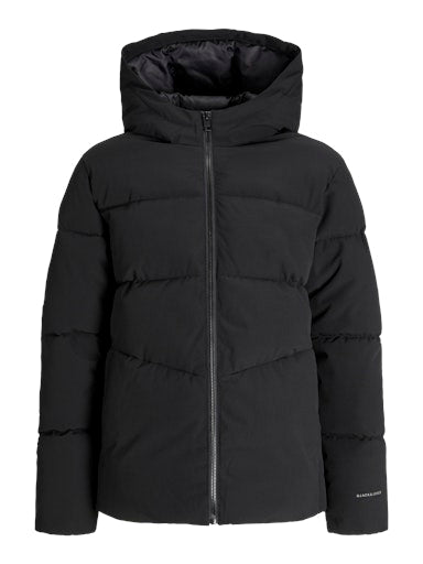 Black puffer jacket with a hood on a white background