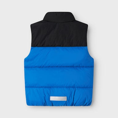 Black and blue puffer vest on a white background