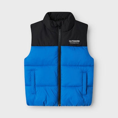 Blue and black puffer vest with a brand logo on a white background