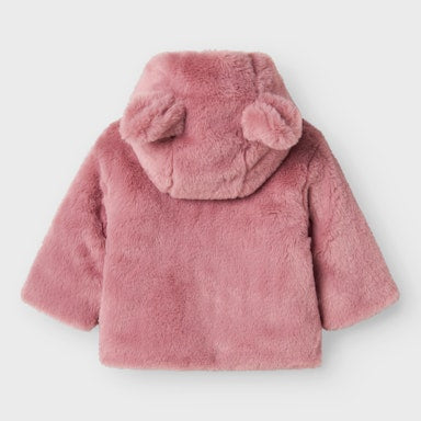 Pink fluffy jacket with bear ears on a white background