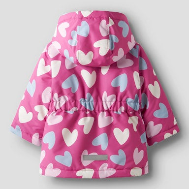 Pink children's raincoat with heart pattern on a light grey background