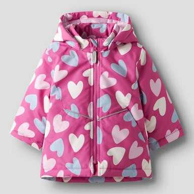 Pink children's jacket with heart pattern on a light gray background