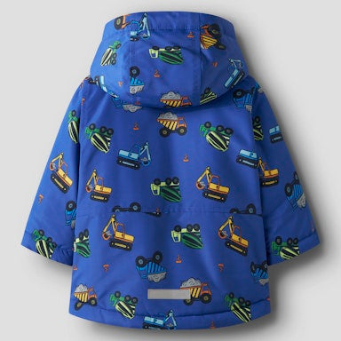 Blue children's raincoat with construction vehicle pattern on a grey background