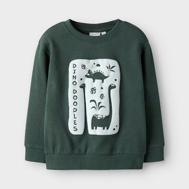 Green sweatshirt with dinosaur design on a white background