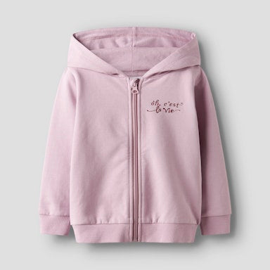 Pink hoodie with text on a light  background