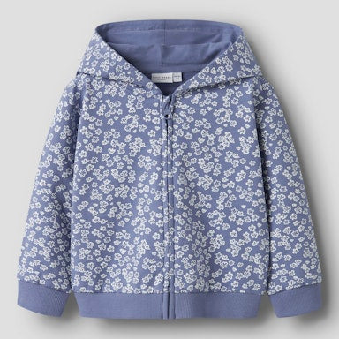 Blue floral-patterned hoodie on a light  background