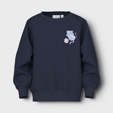 Navy blue sweatshirt with a small embroidered design on a light  background