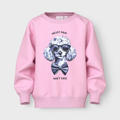 Pink sweatshirt with a graphic of a dog wearing sunglasses and a bow tie on a light  background