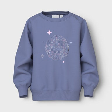 blue sweatshirt with a graphic design on a light  background
