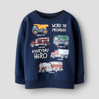 Navy blue children's sweatshirt with vehicle graphics and text on a light  background