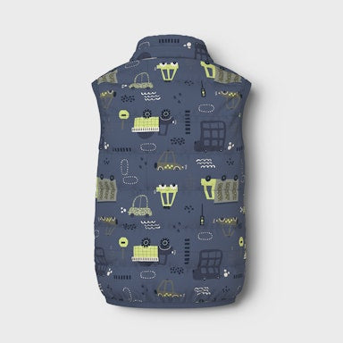 Children's blue vest with car pattern on a light grey background