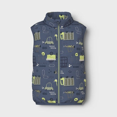 Children's blue puffer vest with vehicle pattern on a light grey background