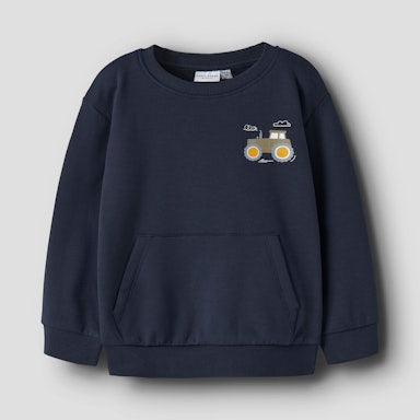 Navy blue sweatshirt with a small tractor graphic on a light  background