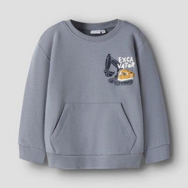 Gray sweatshirt with excavator graphic on a light  background
