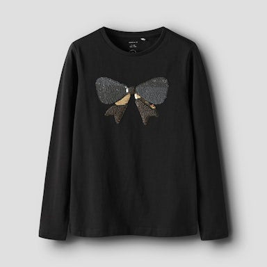 Black long-sleeve shirt with a bow design on a light  background