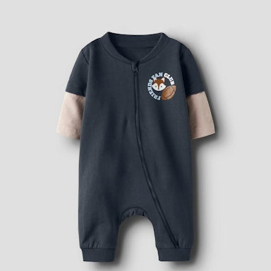 Baby romper with long sleeves and a fox logo on a light  background