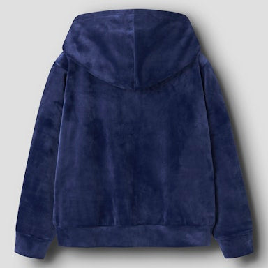 Navy blue velour hoodie on a light grey background