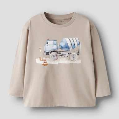 Beige long-sleeve shirt with a cement truck graphic on a light grey background