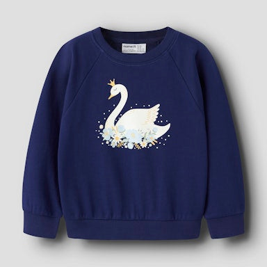 Navy blue sweatshirt with a white swan design on a light  background
