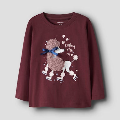 Maroon long-sleeve shirt with a poodle graphic and text on a light  background