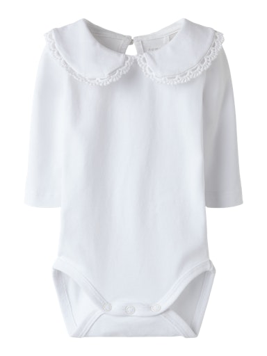 White baby bodysuit with lace collar on a white background