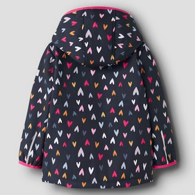 Children's raincoat with colourful heart pattern on a gray background