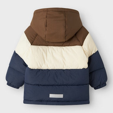 Children's puffer jacket with brown and navy design on a light grey background