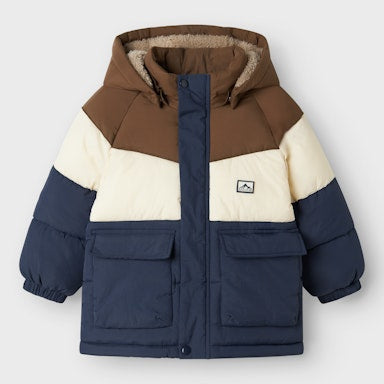 Children's multicolored jacket with a hood on a light grey background