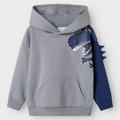 Gray hoodie with dinosaur design on a white background