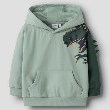 Light green hoodie with dinosaur design on a light grey background